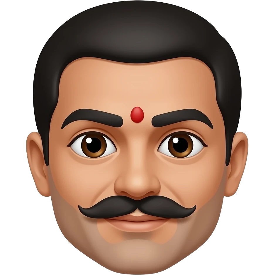 A black jont eyebrows with eyes no colors a red bindi and a moustache emoji