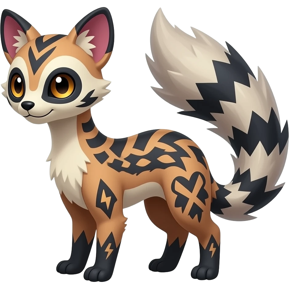 scaly spunky gothic Realistic tall slim unique original shiny edgy cool steampunk-cyberpunk-solarpunk-fantasy-Civet-Absol-Sprigatito-Vaporeon-Fakémon-hybrid with tribal chevron heart floral lightning bolt strikes damask paisley markings emoji