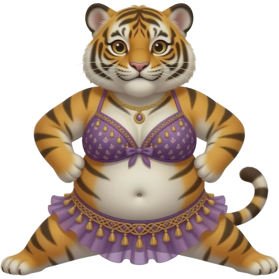 A chubby female tiger cub belly dancer,after a hefty brunch meal she is full & fat,Starting off with a stretch routine,she sticks out her plump tummy as far forward and downward as possible she can,then plays a slapping sound game on her fat tummy like drum solo,her bellybutton is poking out. emoji