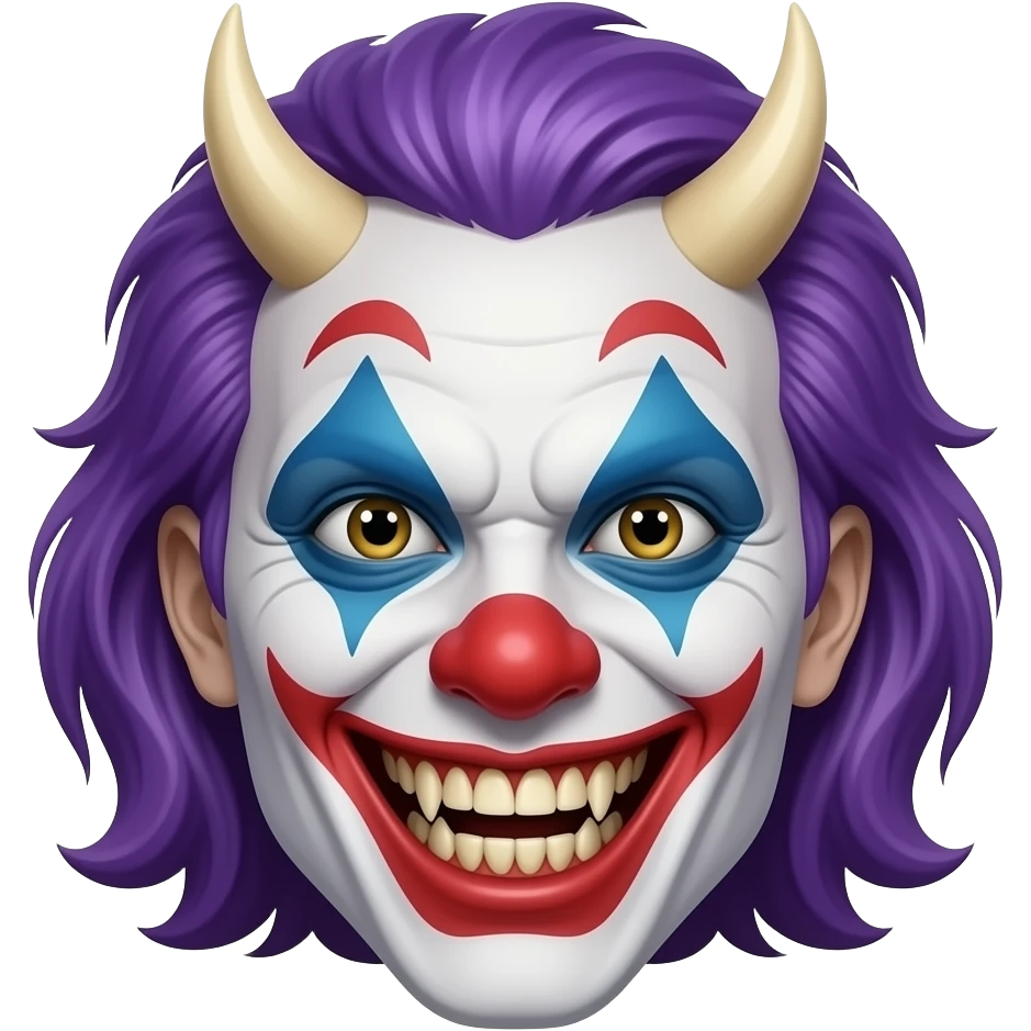 An evil, scary clown with purple hair, head only, wicked grin, hyper real, crazy makeup, scary, hyper real, ultra real, (no horns) emoji