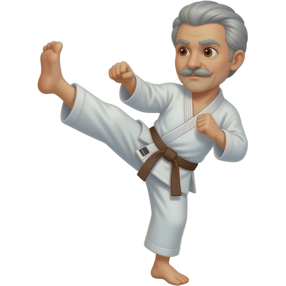 Grey hair with mustache doing a karate kick and brown eyes and Brown Belt emoji