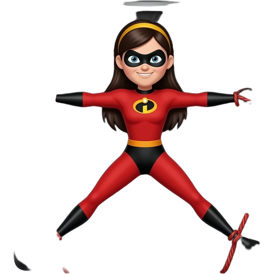 Violet Parr,Incredibles, red suit, yellow head band, long black hair,  Tied to a black bed, arms and legs spread, tied to the corners of the bed, black sheets, black pillow red silk ropes emoji