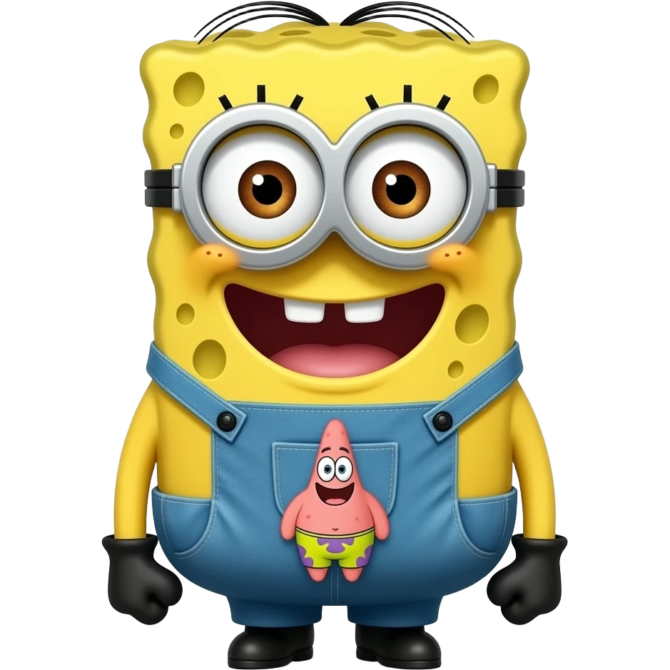 un minion con cara de bob esponja i con calamardo y patricio en su barriga emoji
