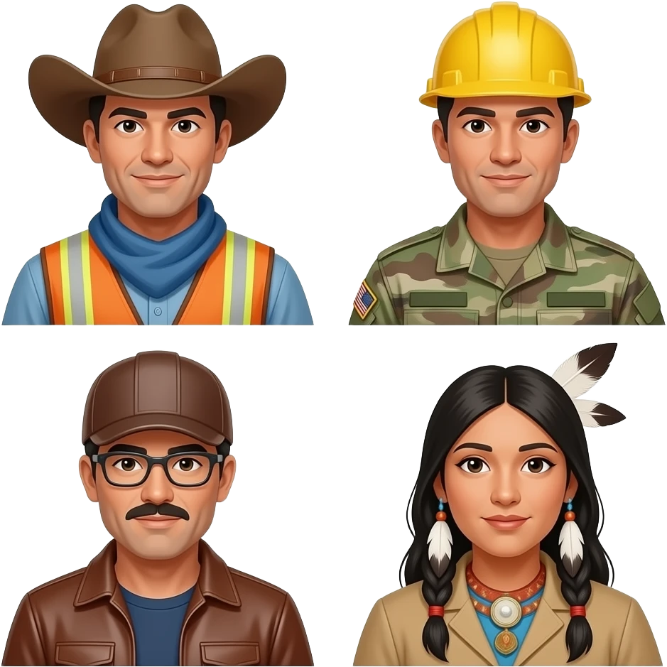 Cop, cowboy, construction worker, soldier, leather man and Native American emoji
