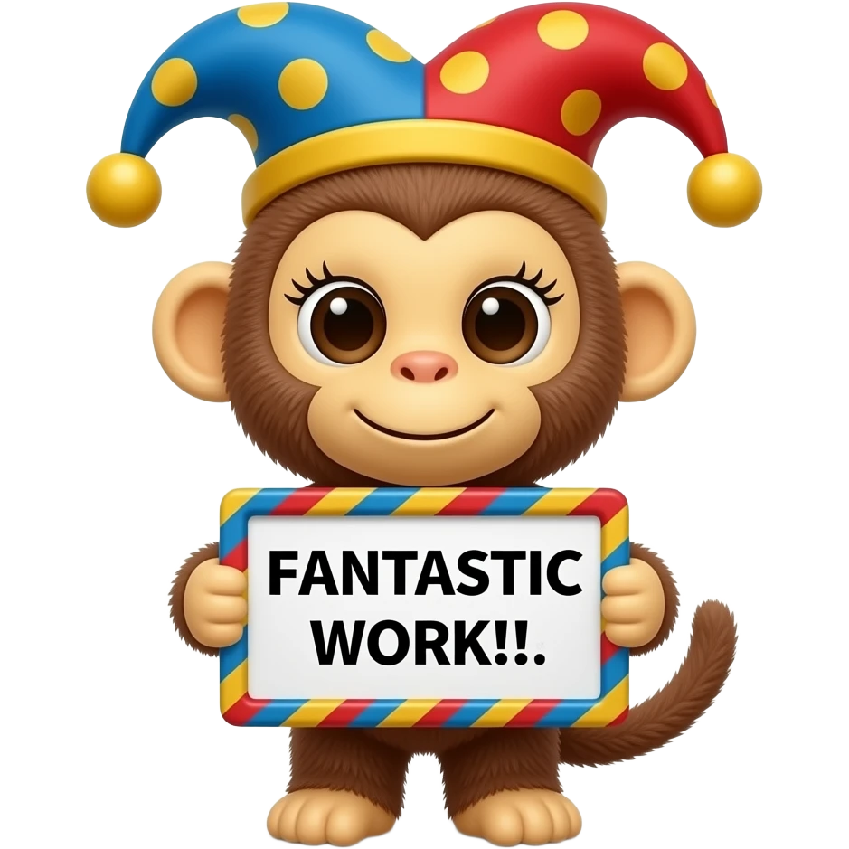 Create a super cute stuffed Animal which Looks Like a yellow,  and brown MONKEY facing front with big eyes and long eyelashes  with a arlequin hat holding a blue, red, yellow striped ondulated frame sign with in front of its chest that says in a big black font "FANTASTIC WORK!!!" emoji