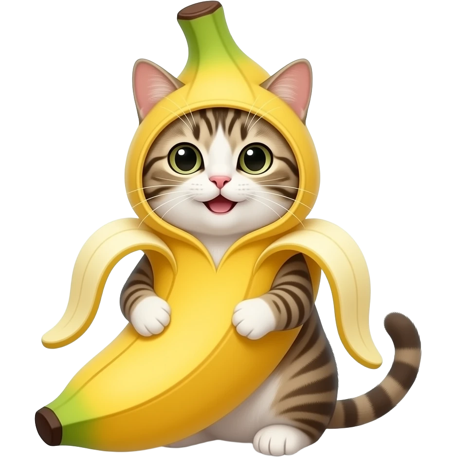 a happy cat dressed in a banana suit emoji
