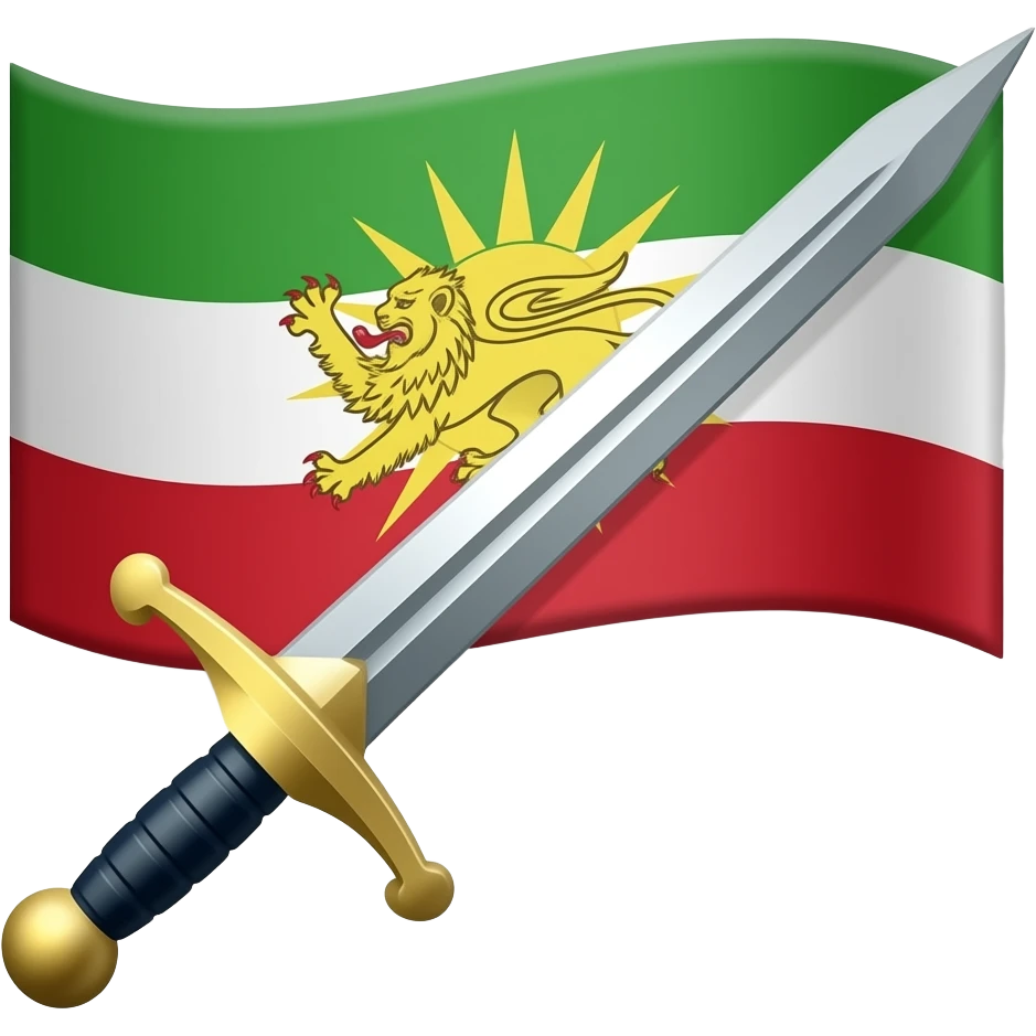 و شمشیرپرچم سبز و سفید و قرمز با آرم شیر و خورشید emoji