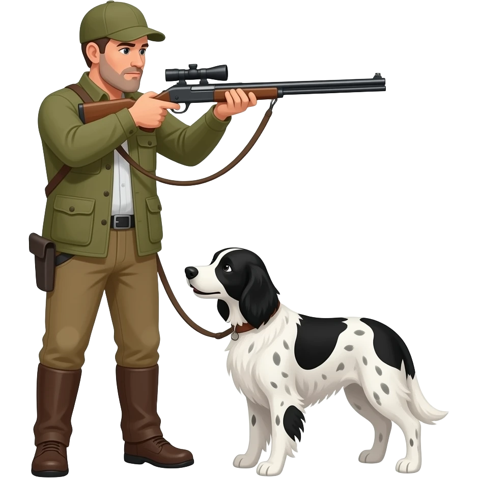 en mann som jakter med hunden sin som er engelsk setter svart og hvit emoji