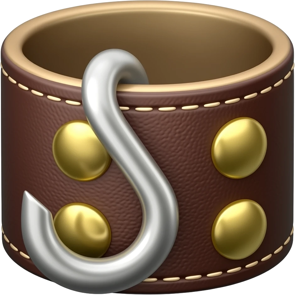Polished 3D game icon of a detached pirate hook prosthetic: shiny silver curved hook attached to an empty dark brown leather cuff with gold rivets. No hand, no arm, no character. Transparent background, cute mobile game style, soft shadows, no text. emoji