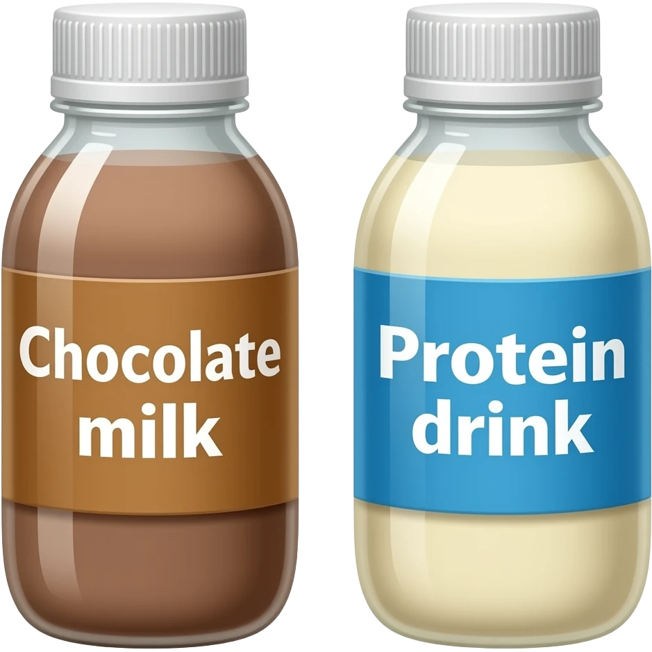 Labeled “Chocolate milk” in a bottle and a protein  drink in a bottle next to each other emoji