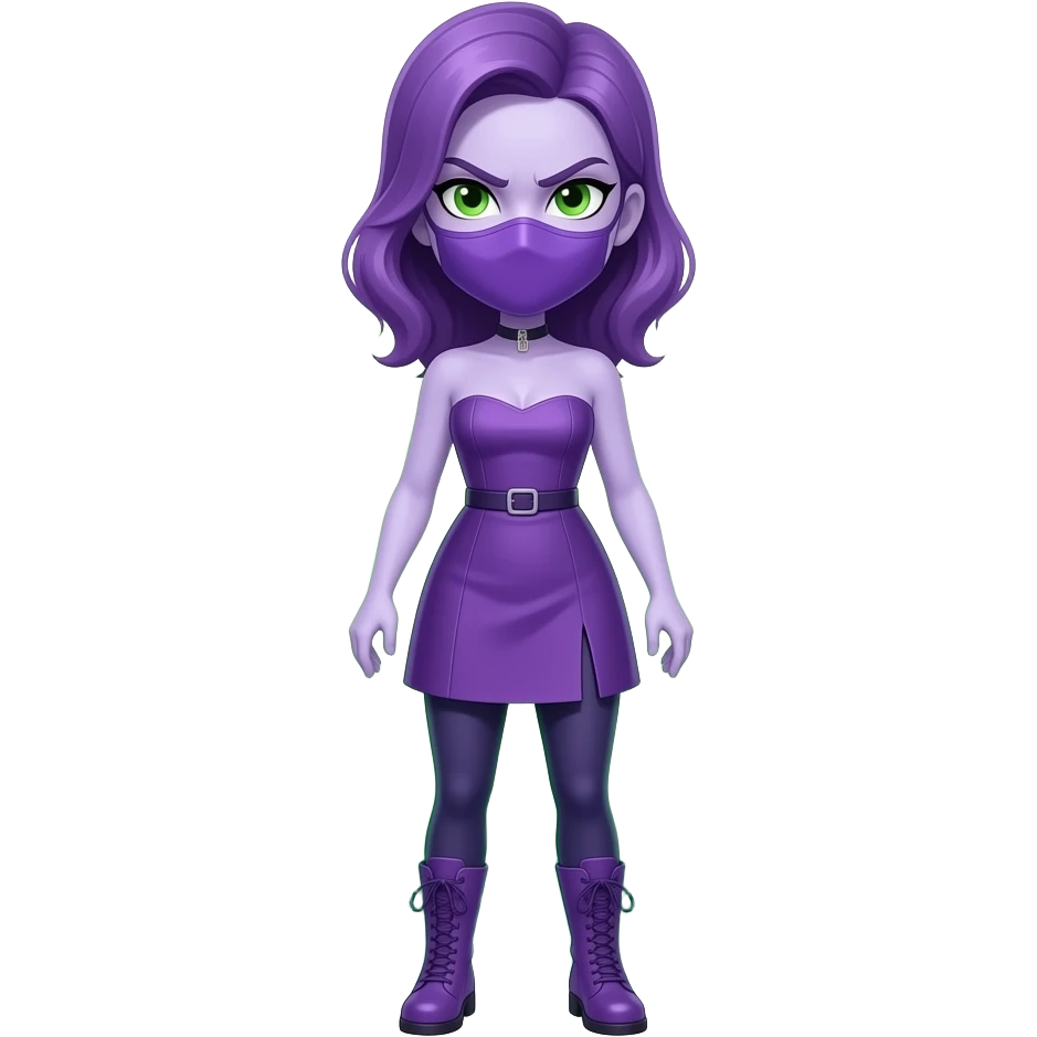 angry woman with lilac skin, lime green eyes, purple hair, a thin, purple face mask, a purple strapless dress with leggings and purple boots, surrounded by green smoke emoji