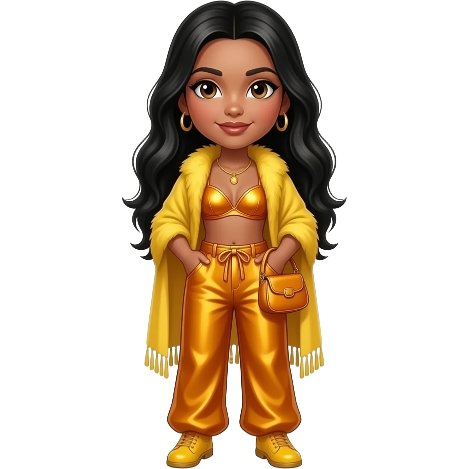 Chilli from TLC with dark brown eyes, long black hair, yellow fur shawl, amber metallic bra, amber metallic baggy pants, yellow shoes emoji