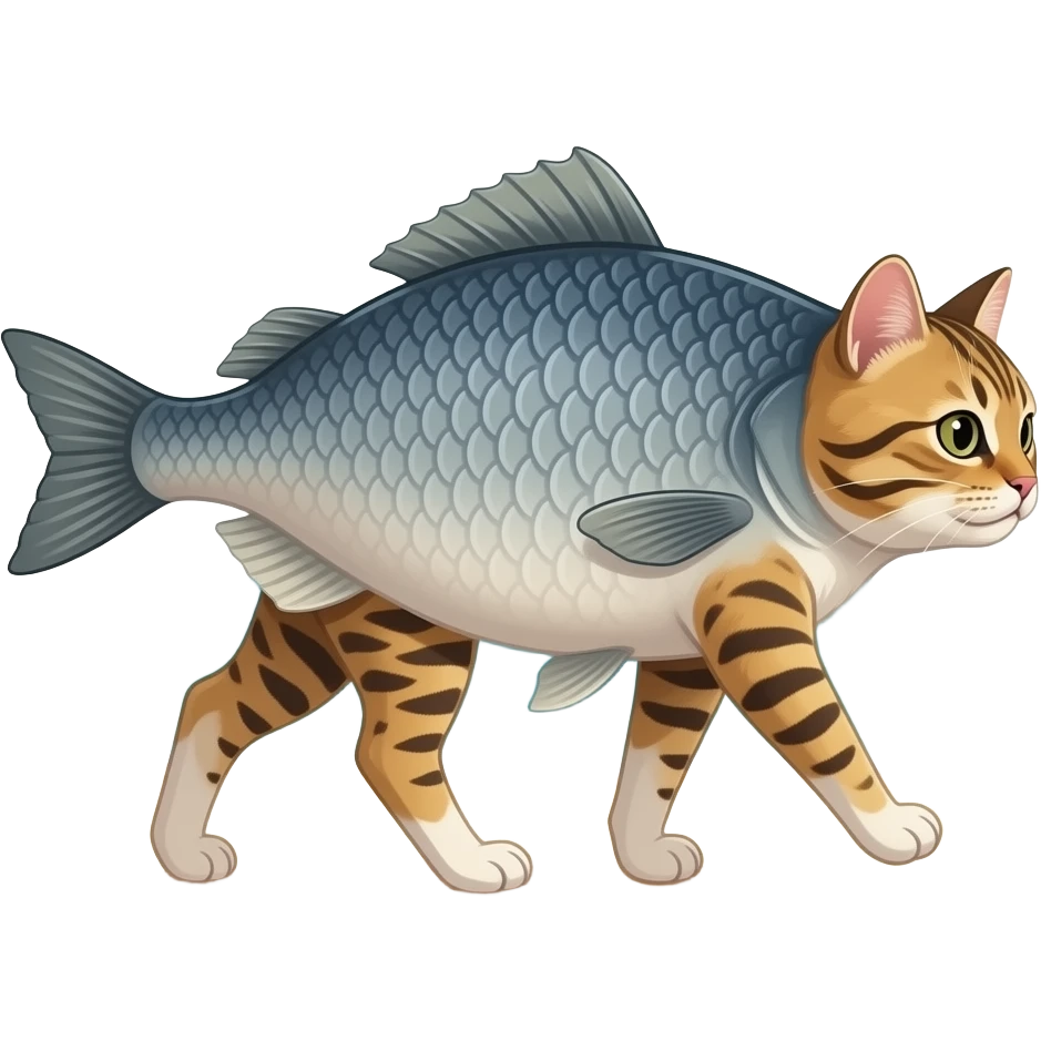 Cat with a fish body, gills, fin and 4 human legs walking across the beach. emoji