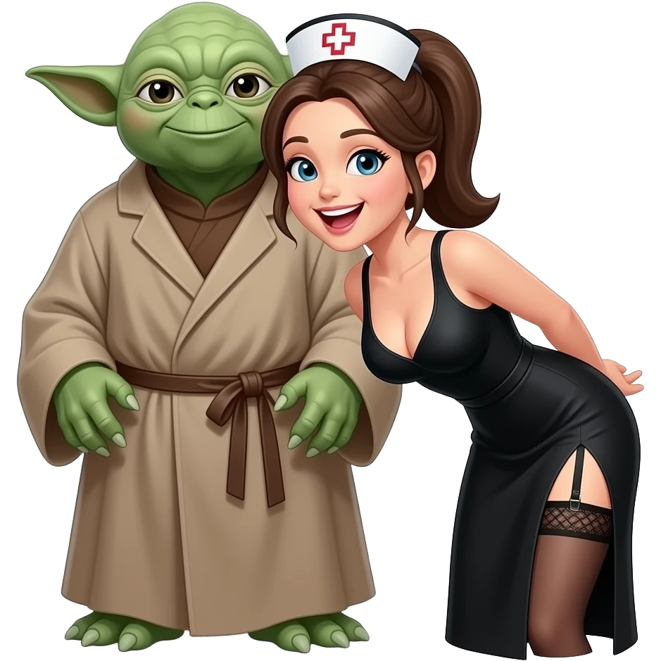 6 foot tall Yoda standing behind a pony  tailed nurse smiling with open mouth, wearing a garter belt, long black dress.Nurse  has DD breasts slit down side of dress bending g over lap emoji