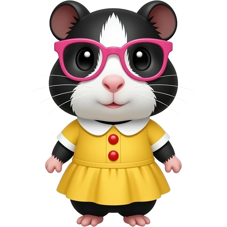 black and white mama guinea pig in yellow dress with red buttons and pink glasses emoji