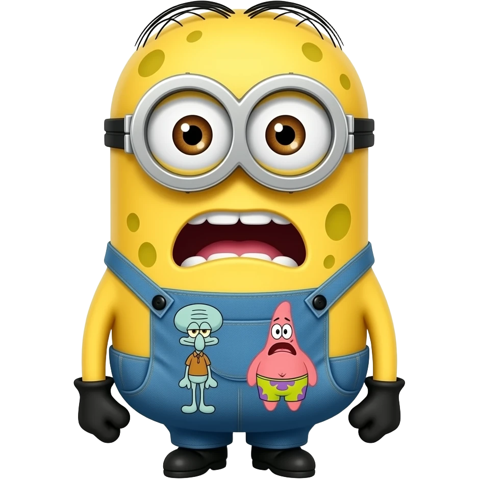 un minion con cara de bob esponja i con calamardo y patricio en su barriga y que la cara del bob esponja de miedo miedo emoji