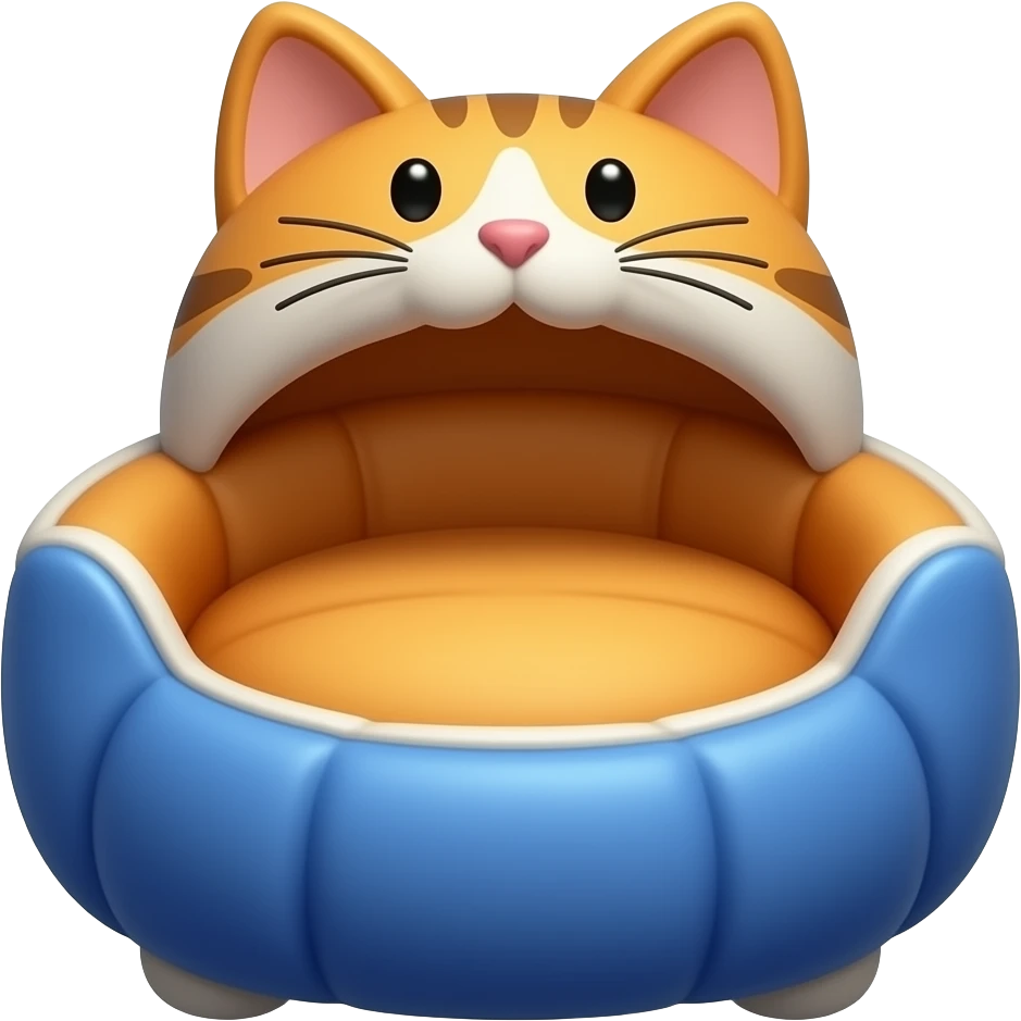 Create a cute polished 3D game icon of a cozy cat bed. Soft round cushion shape with raised edges, blue and orange colors, plush fabric texture, rounded details, gentle shadow. Empty bed only, no cat, no animal, no character, no face, transparent background, no text. emoji