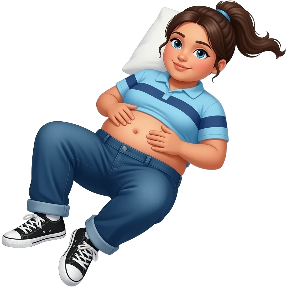 Obese Hispanic girl with brown ponytail and blue eyes light blue dark blue lined polo and dark blue baggy jeans and belly button and black and white sneakers laying down on the pillow in bed rubbing her tummy emoji