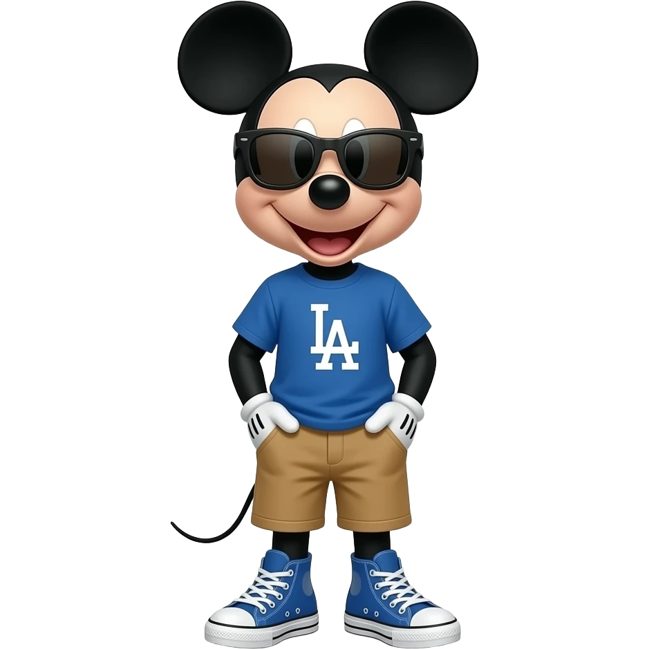 Mickey Mouse wearing large blue L.A. Logo T-shirt, tan shorts and blue Converse All-Star shoes, Cool dark sunglasses, smiling happily. Hands in pockets. 
 emoji