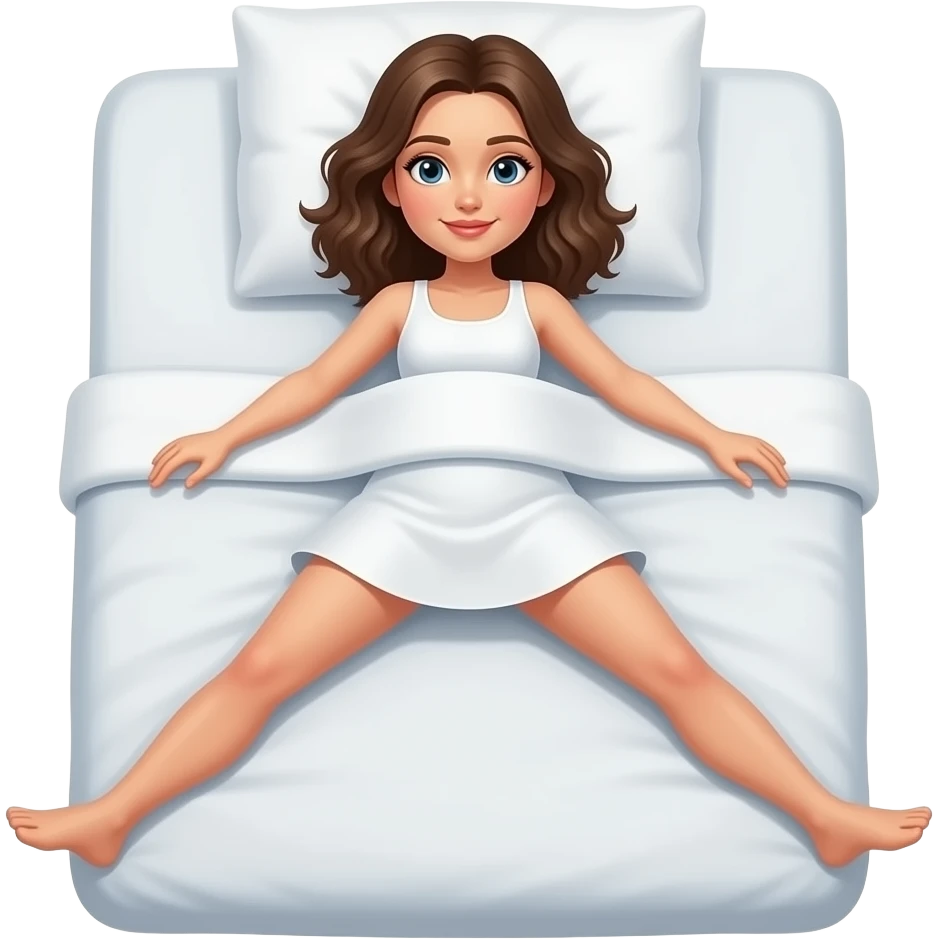 woman with brown hair laying on bed with legs spread wide emoji