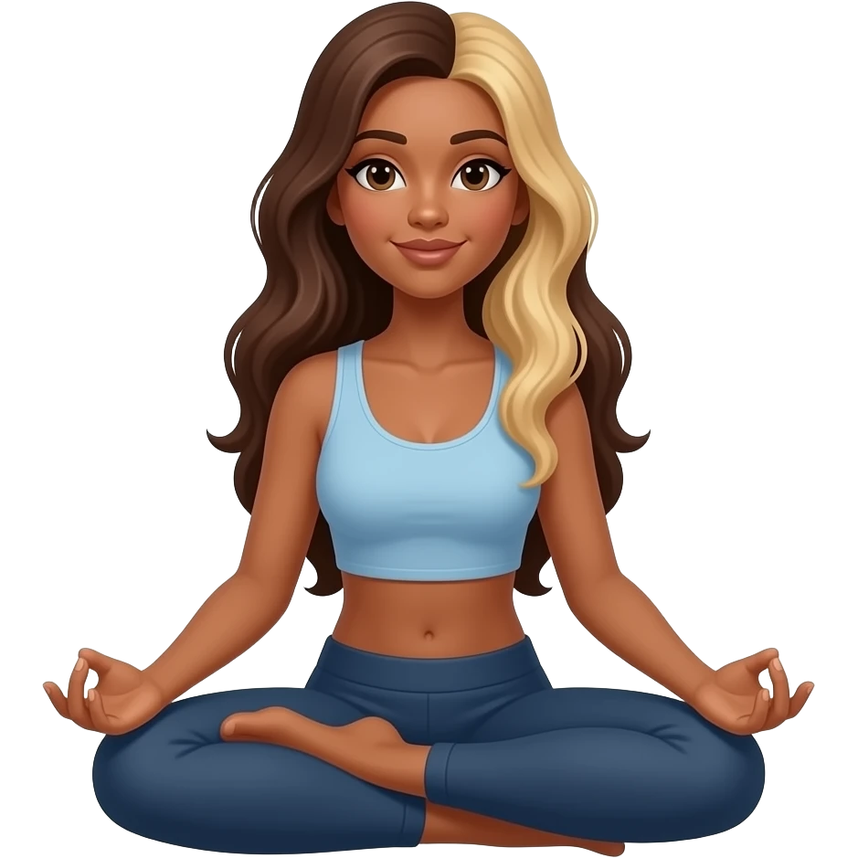 femme caribéenne, peau caramel, cheveux long brun et meche blond en position méditation, la vue est en 3 quart emoji