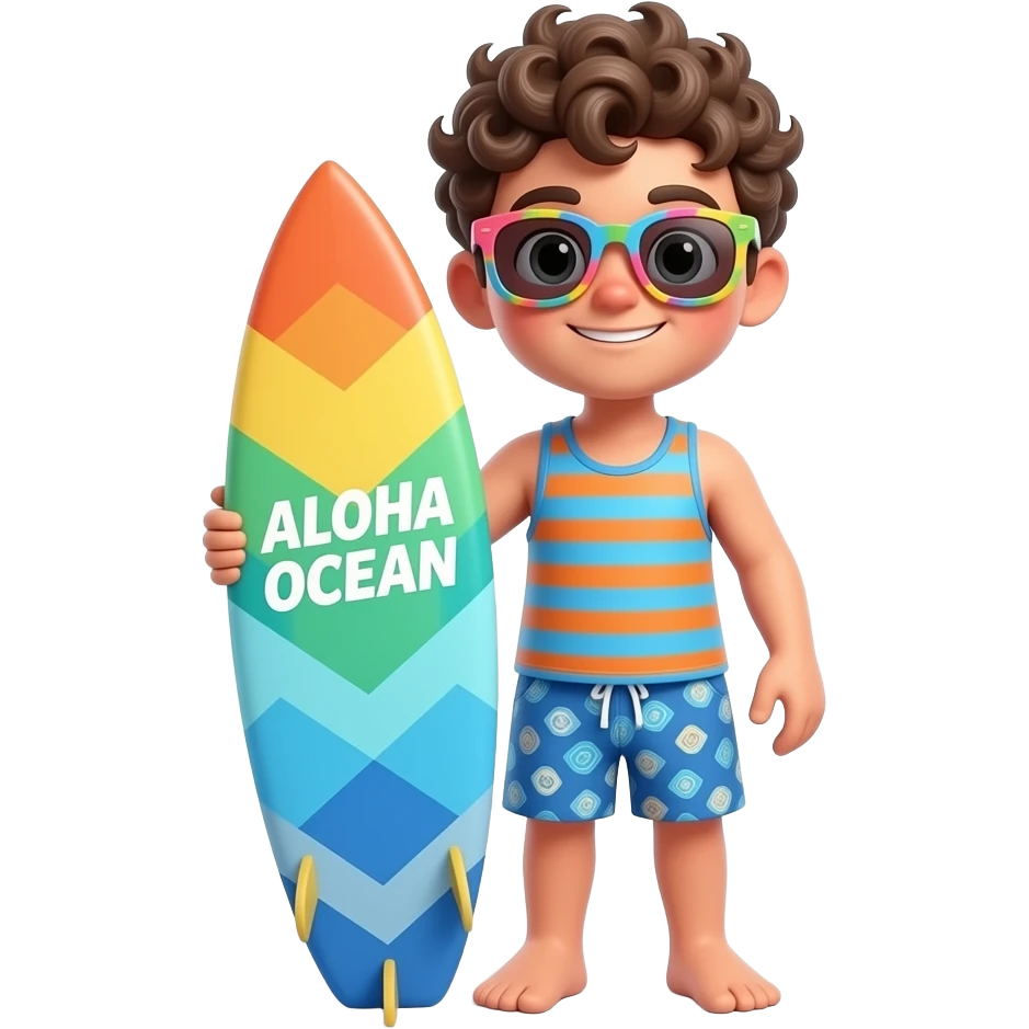 A chibi 3D cartoon-style illustration features a young man with curly brown hair, wearing colorful sunglasses, a blue and orange striped tank top, and patterned blue shorts. He is standing and holding a surfboard with a vibrant geometric design and the text "ALOHA OCEAN" on it. emoji