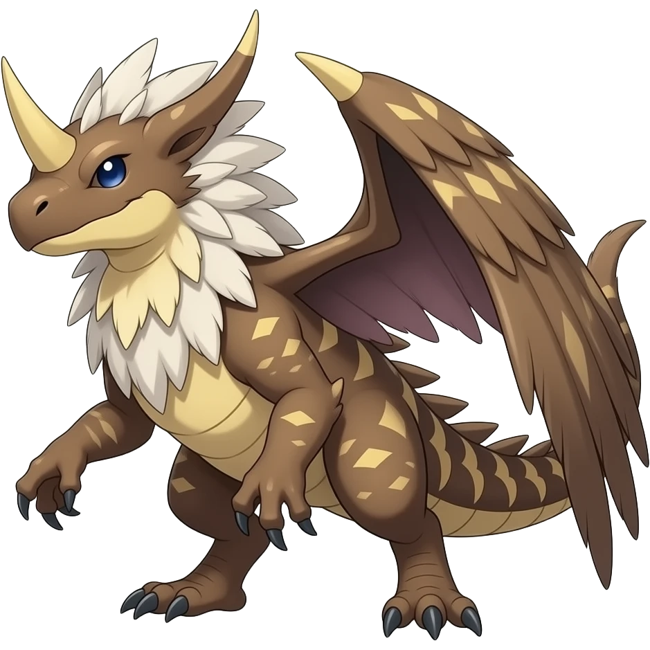 Raptorik scaley feathery horned Amaura-Wargreymon-Aurorus-ExVeemon-WereGarurumon-Pokémon-Fakémon-hybrid-fusion-creature, full body emoji