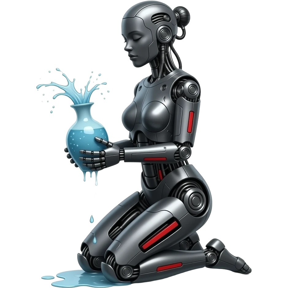 A mechanical woman made of dark gray steel with black and red markings, kneeling, carrying a vase of water with water spilling out, no human features, only robot features, entire body, full body, emoji