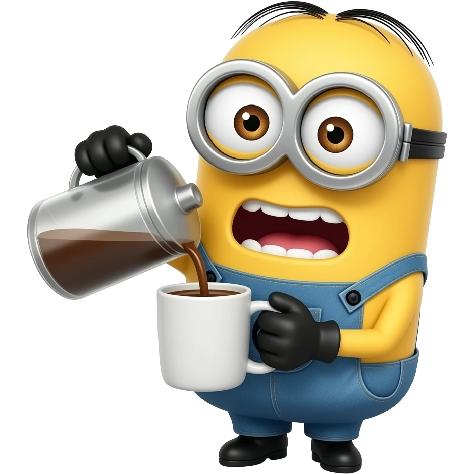 minion making coffee and pouring coffee into mug and frantic emoji