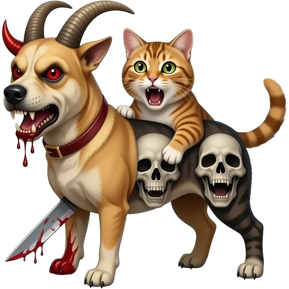 scary angry face with blood and knife demon dog merged goat and cat ...