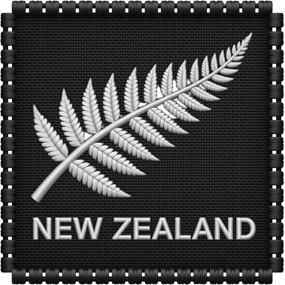 imperfect flawed rustic authentic used silver fern white on black embroidery with text below- 'NEW ZEALAND' emoji