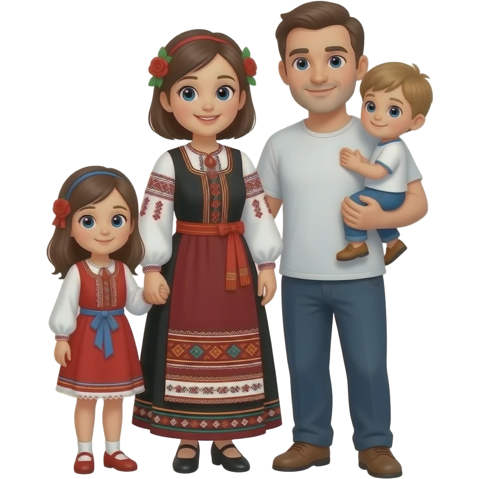 мультяшная семья мама в белорусской национальной одежде папа в футболке и брюках держит на руках маленького мальчика, девочка стоит рядом с мамой emoji