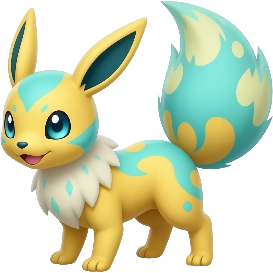 Yellow Zorua-Fennekin-Manectric-Vaporeon-Fakémon-hybrid with glowing neon cyan markings emoji