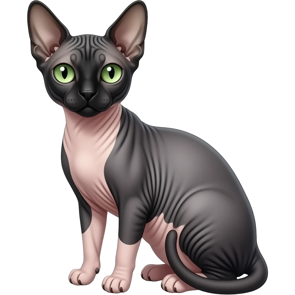 A black and white Sphynx cat with green eyes is sitting emoji