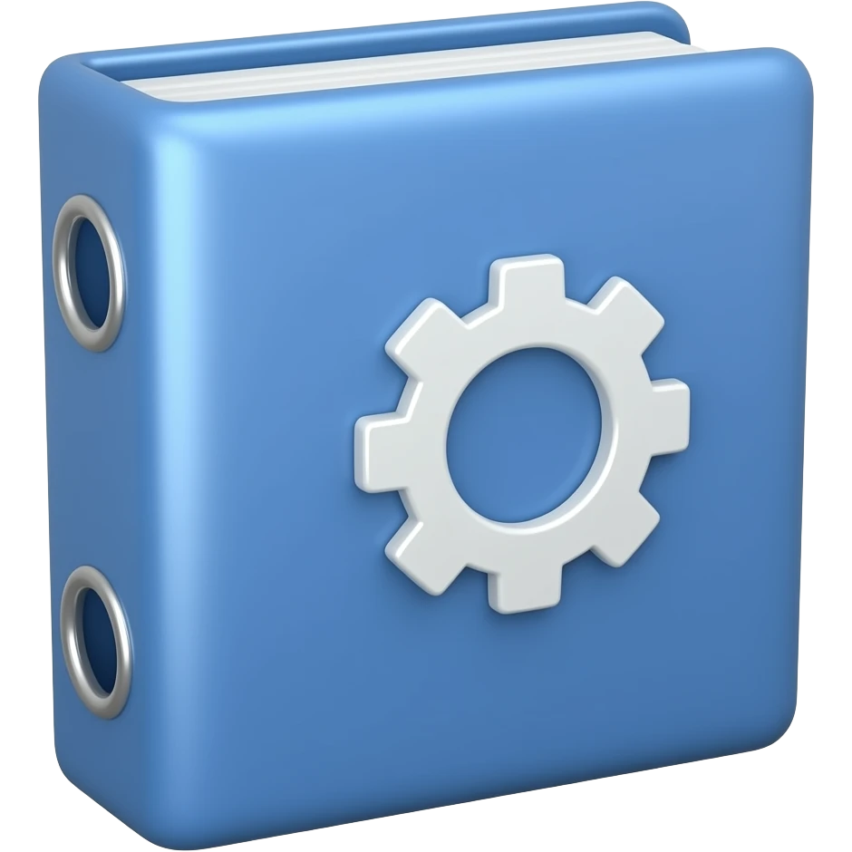 soft blue binder with a 'cog' or 'gear' icon on the front, representing process optimization. Glossy finish emoji