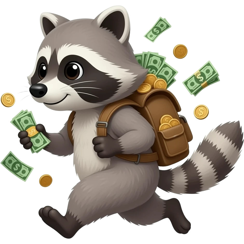 Mimi Talking Tom walking Mimi raccoon running money backpack with coin emoji