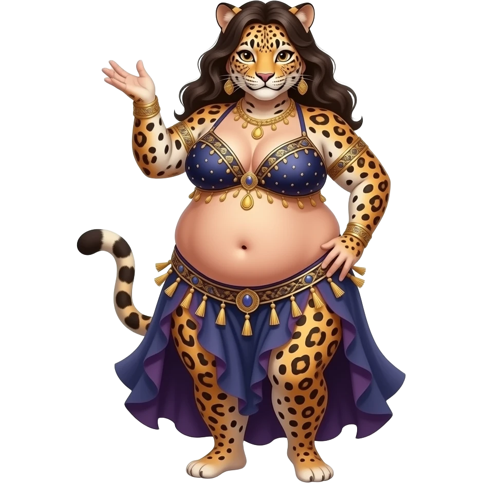 A female leopard belly dancer,with an morbid obese love handles & muffin top midriff,her bellybutton bulging from being stuffed to the max after a luncheon buffet,She dances then her bouncy belly wobbles a lot. emoji
