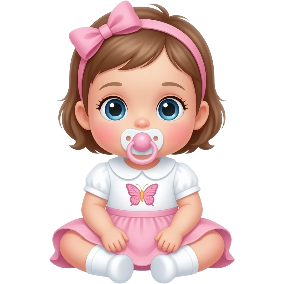 A sad baby with a titled pastel pink bow on head. wearing a white and pink mock dress with round collar and a duck embroided. Sucking a butterfly pacifier. Sitting bow legged. emoji