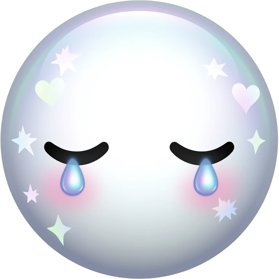 Sleepy circle emoji face with glossy droopy eyes, pastel holographic glow, tiny floating stars and hearts, dreamy soft lighting, cute emoji sticker aesthetic emoji