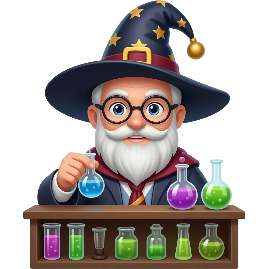 вчитель у образі чаклуна варить зілля emoji