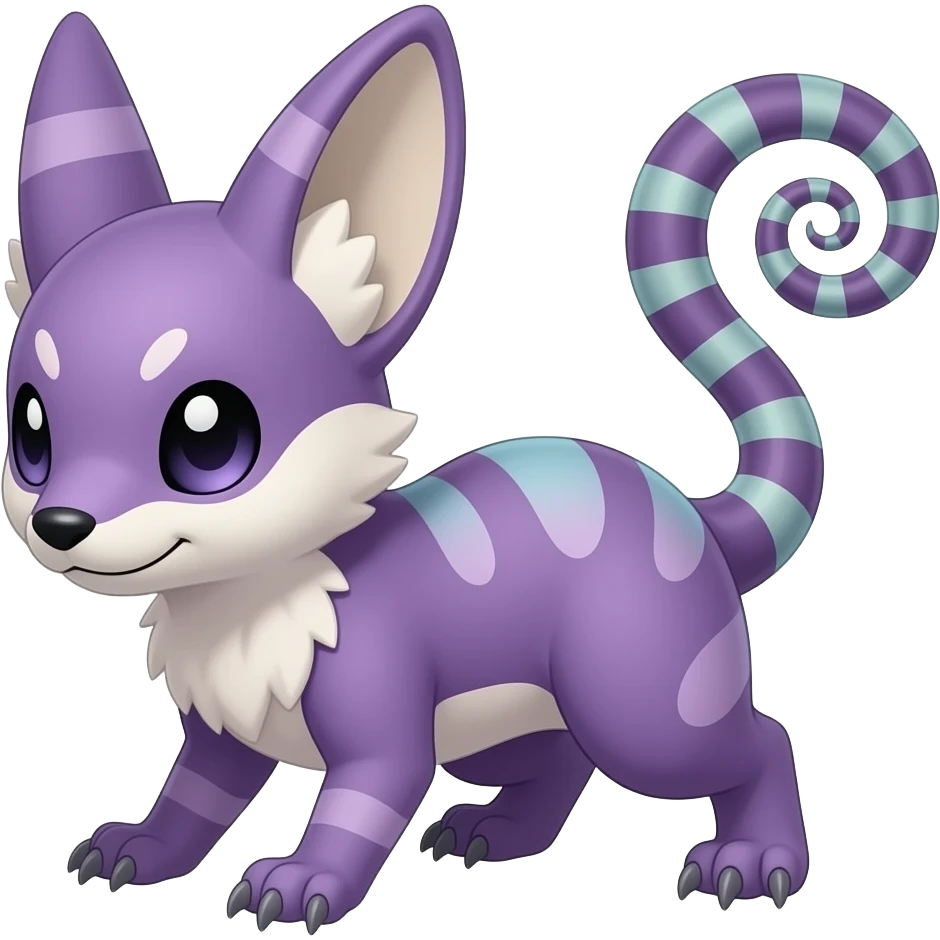 Purplish reddish Zygarde-Vulpix-Rattata-Vaporeon-Litten-Fakémon-hybrid with a chameleon tail emoji