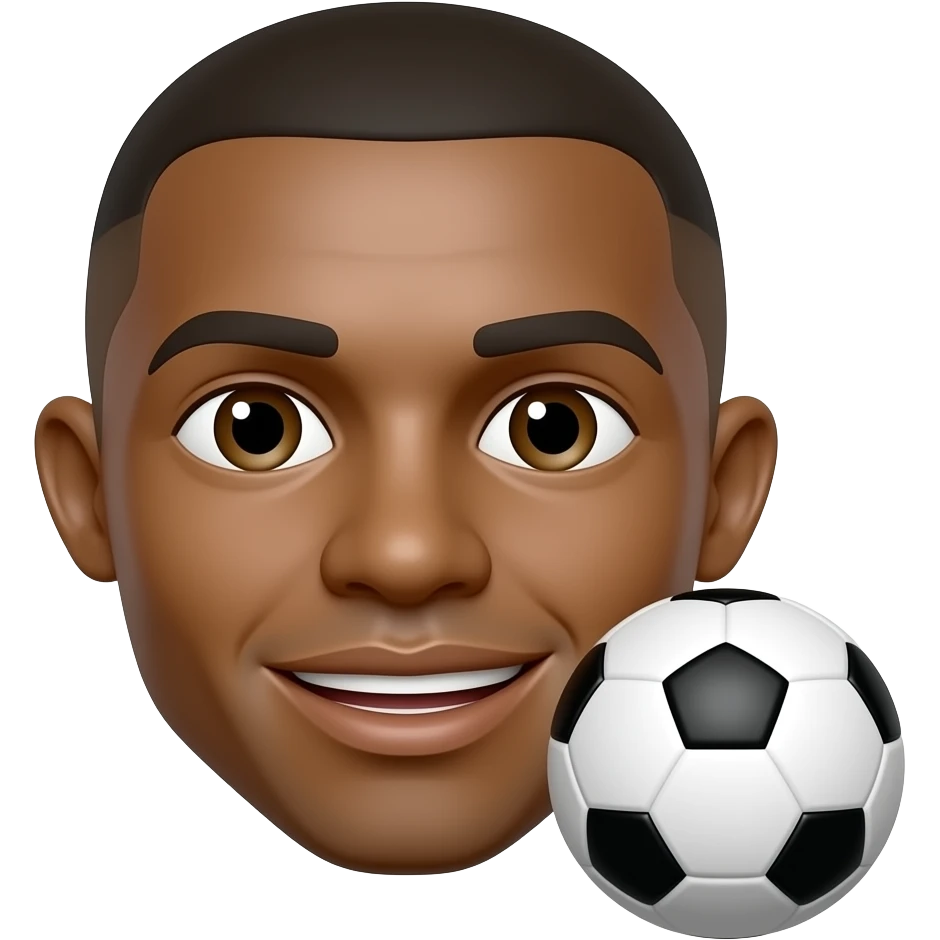 Mbappe-inspired 3D emoji, same face every time, 1 giant football in lower corner, face visible. emoji
