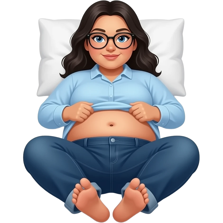Obese Hispanic woman with black hair and blue eyes rounded black glasses light blue long sleeve plain shirt and dark blue baggy jeans and belly button laying down on her pillow on her bed showing her feet lifting her shirt all the way up emoji