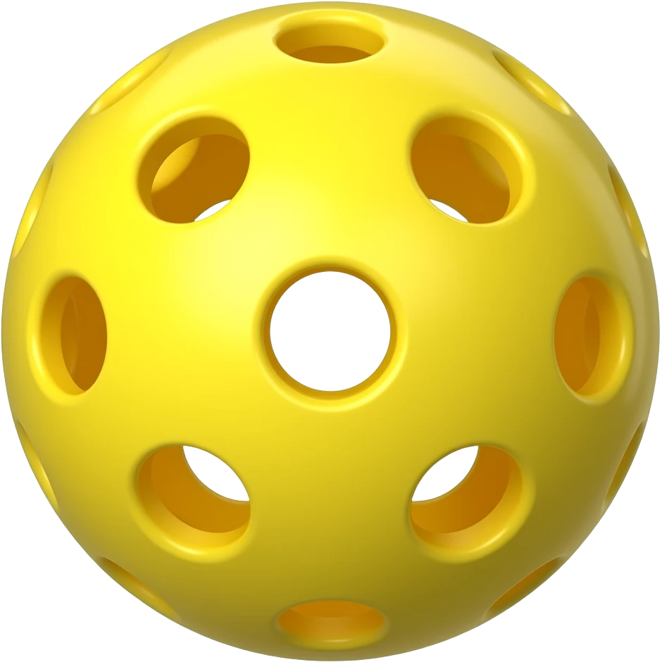 yellow pickleball with 52 holes, brightly lighted with lights around and behind the camera and rotated to perfectly center its hole into the camera emoji
