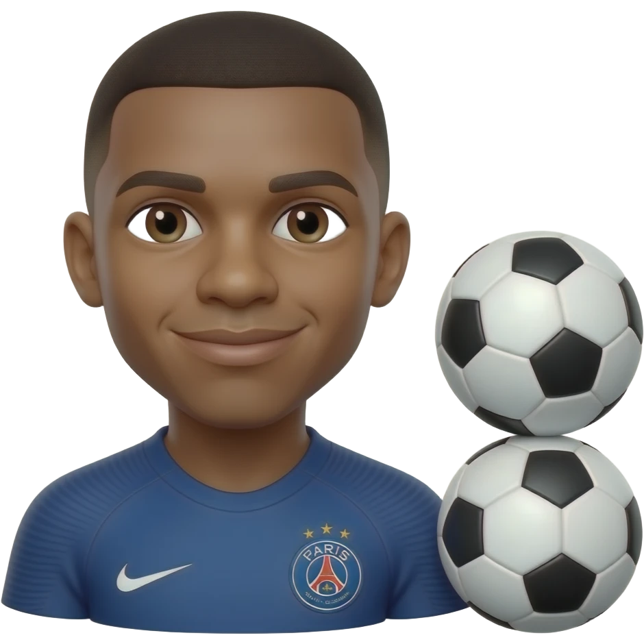 Mbappe-inspired 3D emoji, same face every time, 2 footballs stacked beside him, face uncovered. emoji