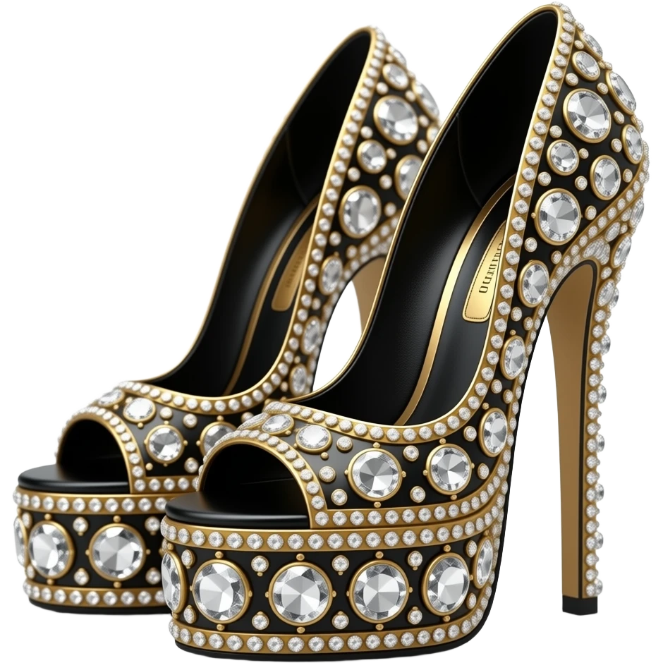 Alexander McQueen-like, black and gold high heel platforms decorated in ultrarealistic very sparkly small diamonds, highly detailed embellishments. 8k, 5000x5000px, 3D rendering, realistic, isolated still life, no emoji faces no emoji icons no human figures  emoji