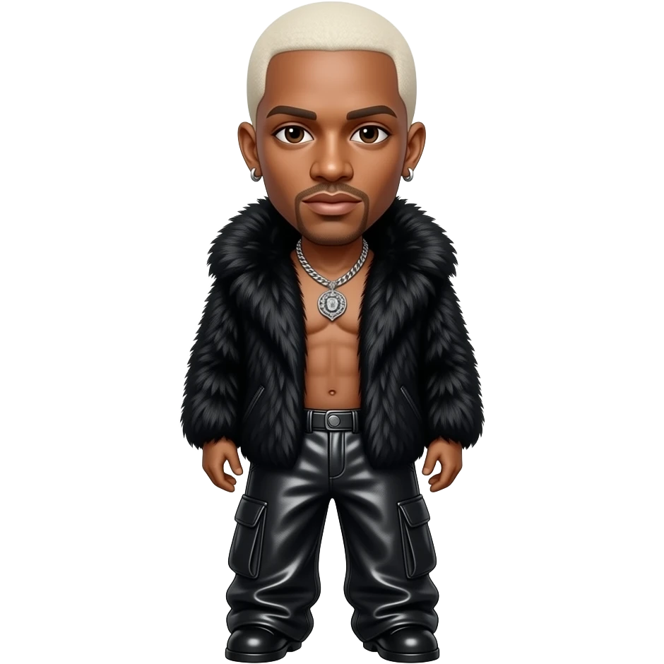 Sisqo with dark brown eyes, white blonde buzz cut hair, black fur shawl, black metallic baggy pants, shirtless with necklace and earrings emoji
