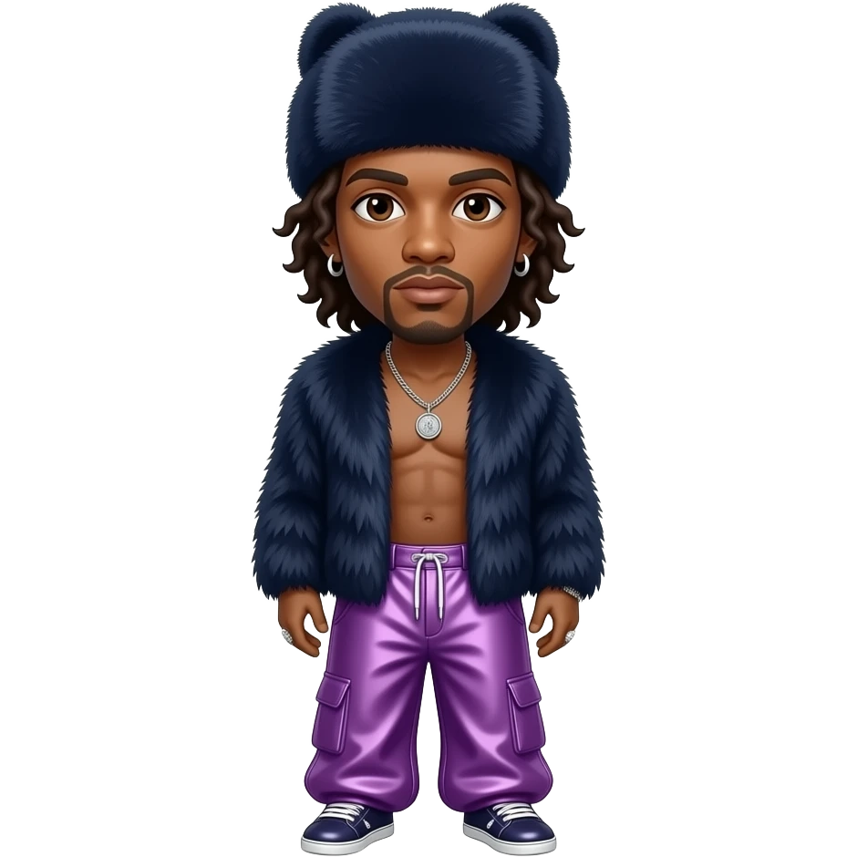 Jay Kay with brown eyes, brown hair, navy blue fur hat, navy fur shawl, purple metallic baggy pants, shirtless with necklace and earrings emoji
