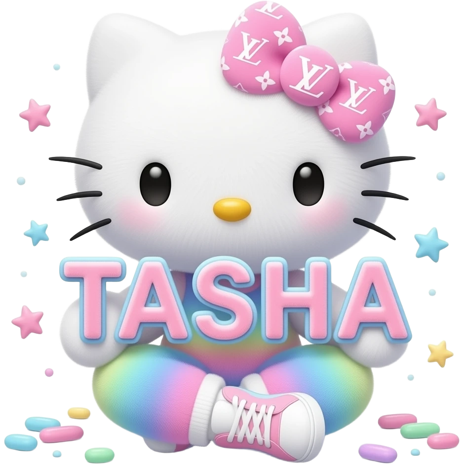 4D Velvety fur texture hello kitty wearing ombre white and blue and pink ombre pastel colored leggings and sneakers, and with the Louis Vuitton symbol on her ombre pastel bow sitting down holding the velvety 3D outlined letters TASHA and surrounded with tiny ombre pastel stars made of candy emoji