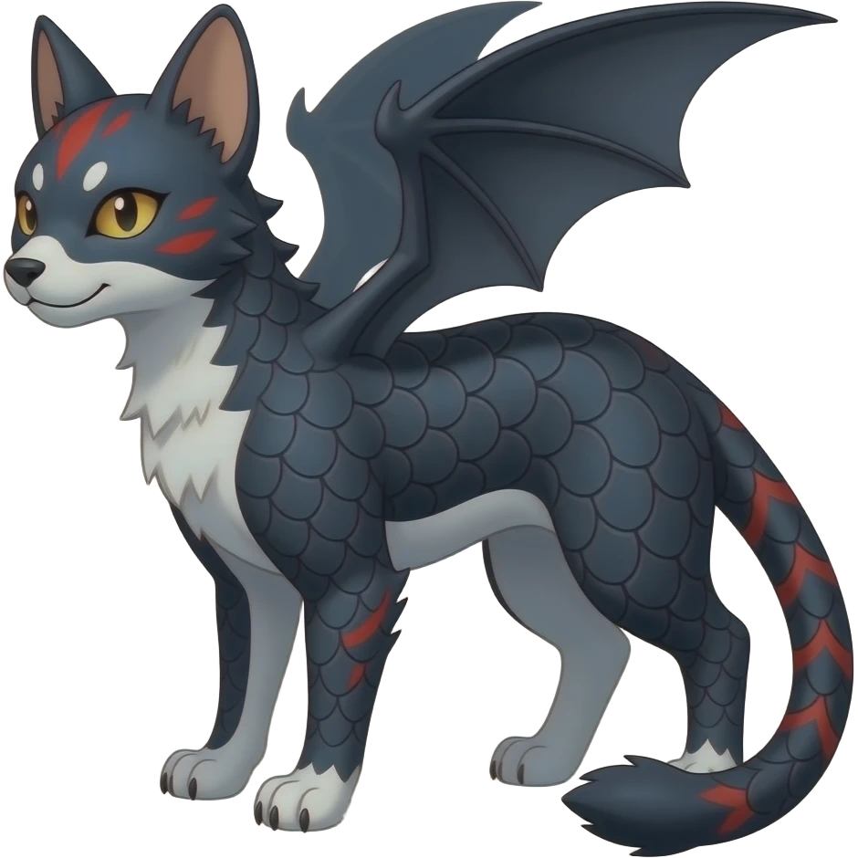 Realistic oriental Digitigrade quadrupedal gothic cool edgy cute midnight scaly blue-gray-black, with red markings, white belly, scaley Bastet-Lykoi-Bat-Salandit-Absol-Litten-Digimon-Fakémon-Pokémon-creature (full body), tiny spikes on back, with bat-EAR-wings on head as ears emoji